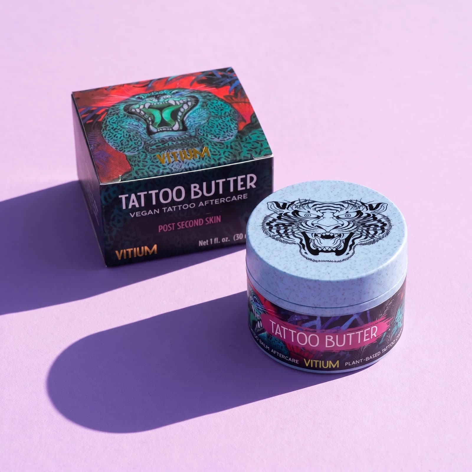 VITIUM Tattoo Butter 30ml jar in front of its box, marked Post Second Skin