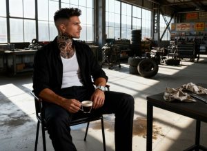 man in black jacket with neck tattoo sitting in autoshop