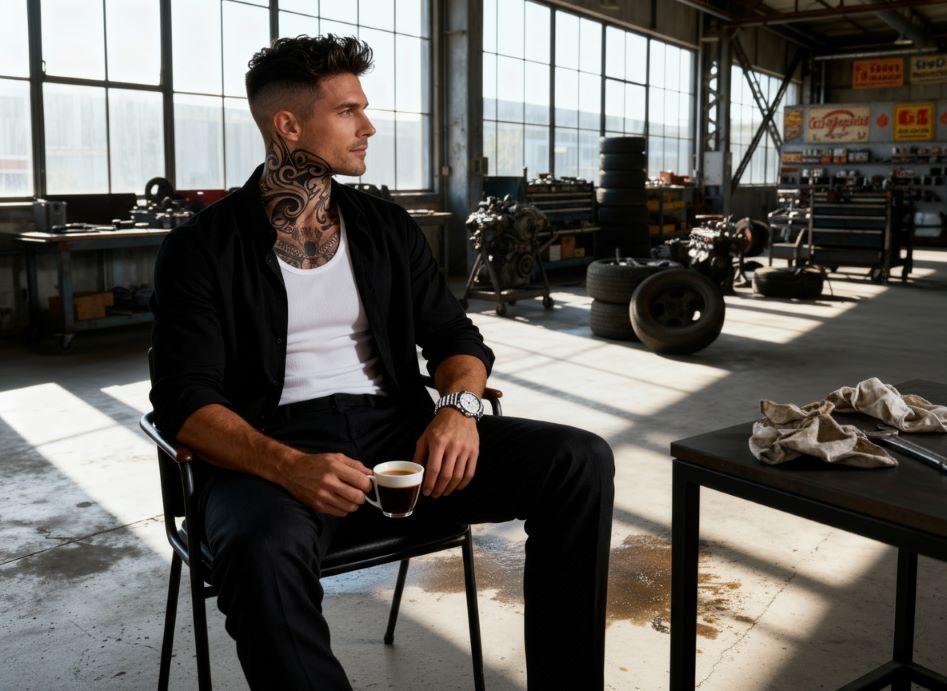 man in black jacket with neck tattoo sitting in autoshop