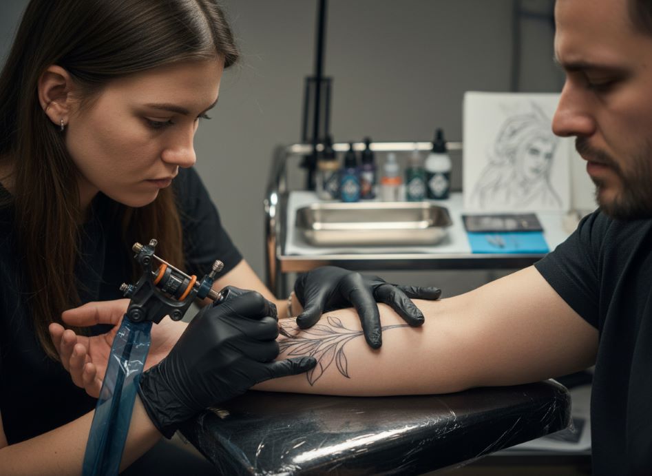 Close-up view of tattoo needle working on skin during professional tattoo session showing precise technique and client comfort in trusted studio environment