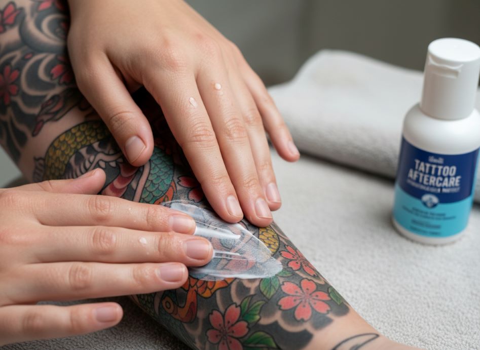 Person applying moisturizing cream lotion to skin demonstrating proper tattoo aftercare hydration technique for faster healing and color preservation