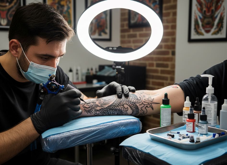 Professional tattoo artist applying fresh ink to client arm showing proper tattooing technique and sterile gloves during tattoo session