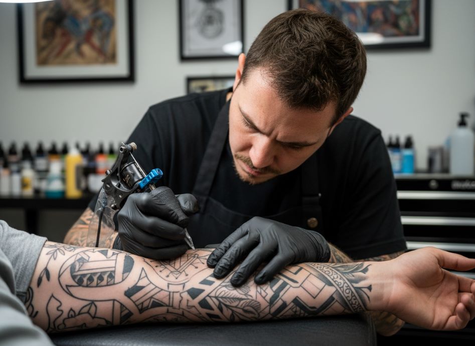 Professional tattoo artist wearing black gloves carefully inking detailed design on client arm demonstrating trust and concentration during tattoo session