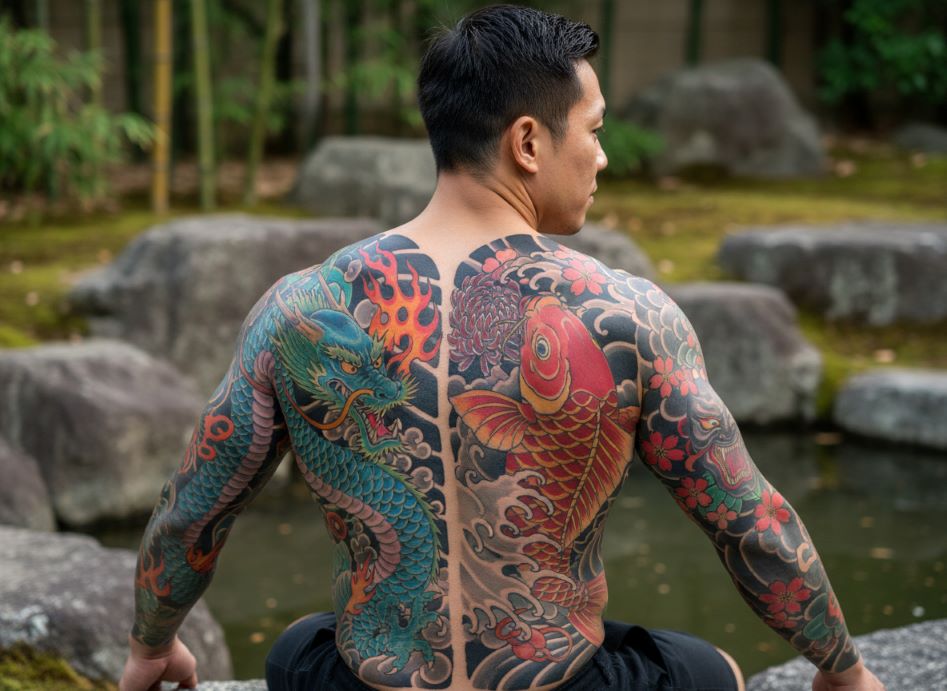 Man showcasing vibrant Japanese irezumi tattoo sleeves with colorful koi fish and dragon designs featuring bold black outlines for longevity
