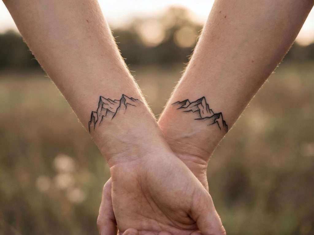 Couple holding hands showing matching mountain tattoos on wrists
