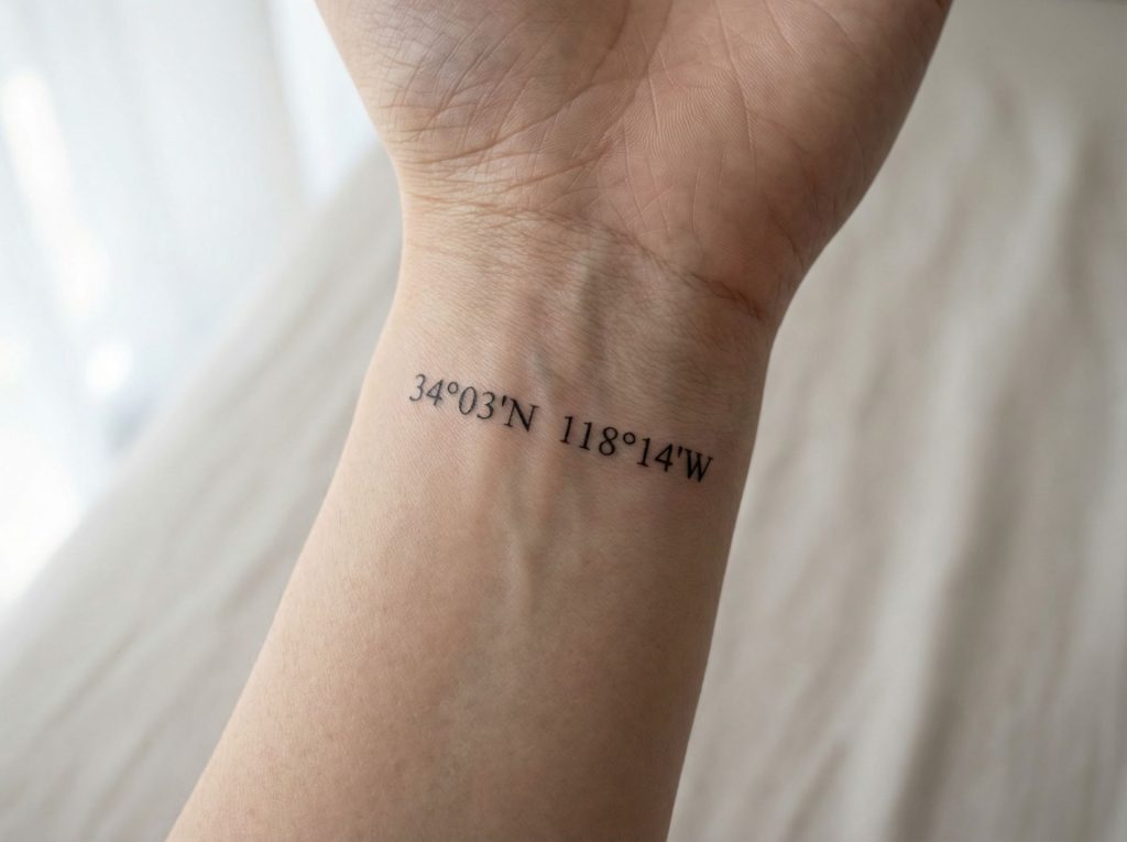Minimalist coordinate tattoo on inner wrist representing meaningful location