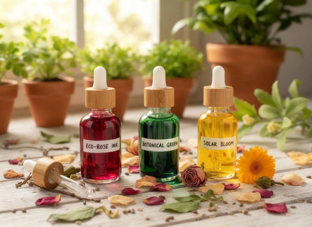 Natural plant-based cosmetic bottles with botanical rose ingredients representing vegan cruelty-free tattoo ink alternatives made from vegetable glycerin and organic pigments