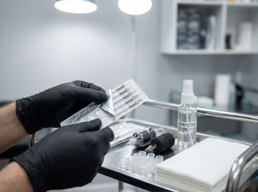 Tattoo artist preparing sterile needles demonstrating hygiene standards for safe tattooing abroad