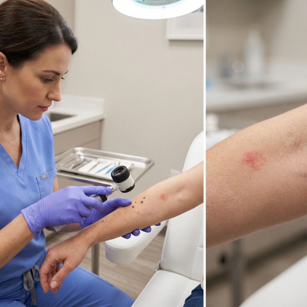 Dermatologist examining patient skin before tattoo appointment for safety assessment