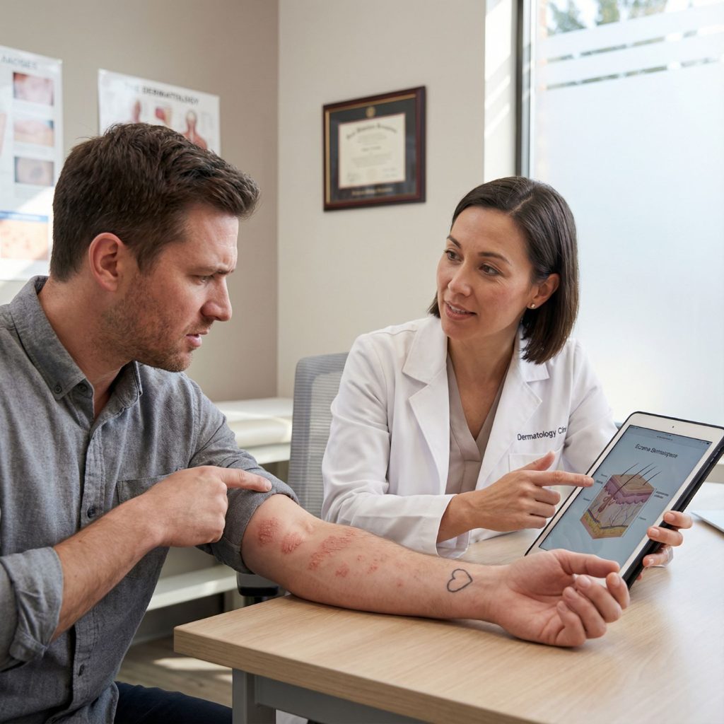 Person consulting dermatologist about tattoo with skin condition eczema or psoriasis