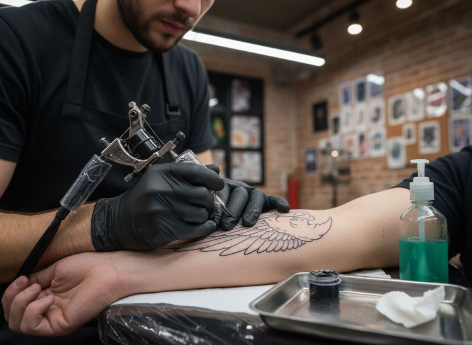 Professional tattoo artist wearing black protective gloves using sterile equipment in a clean tattoo studio demonstrating safe and hygienic tattooing practices for vegan ink application
