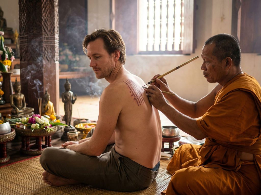 Traveller getting traditional Sak Yant tattoo from Thai Buddhist master demonstrating tattoo tourism