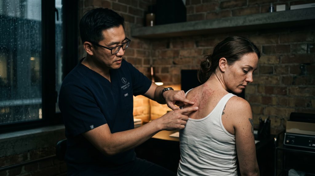 Dermatologist examining skin condition before tattoo — psoriasis, eczema safety check