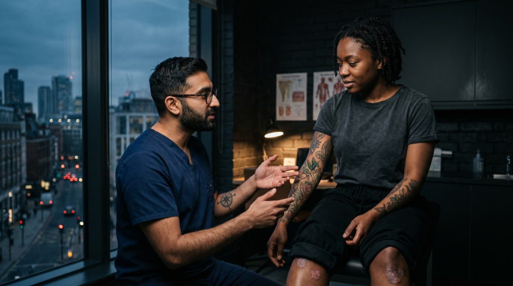 Dermatologist consulting patient with eczema or psoriasis about tattoo safety risks