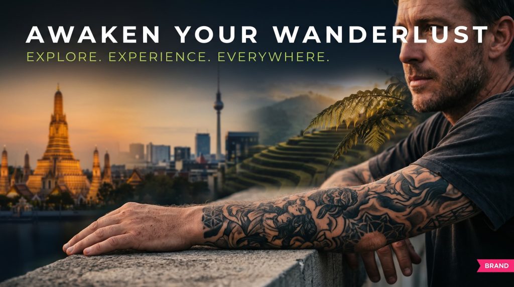 Tattooed arm with travel destinations in background — tattoo tourism guide for travellers abroad