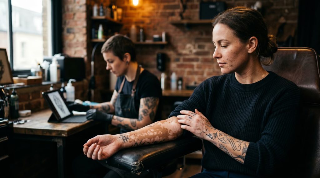Person with skin condition consulting tattoo artist in studio — tattoo safety for sensitive skin