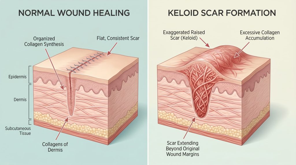 Keloid scar vs normal healing comparison — tattoo risk for keloid-prone skin types