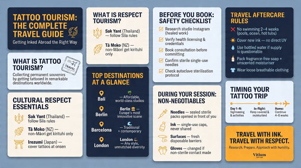 Tattoo tourism complete guide infographic — cultural respect safety checklist and destinations