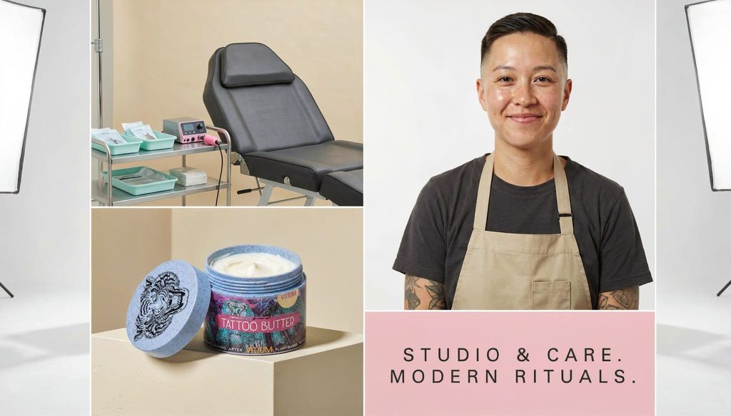 Clean professional tattoo studio interior with sterile equipment and organised workstation