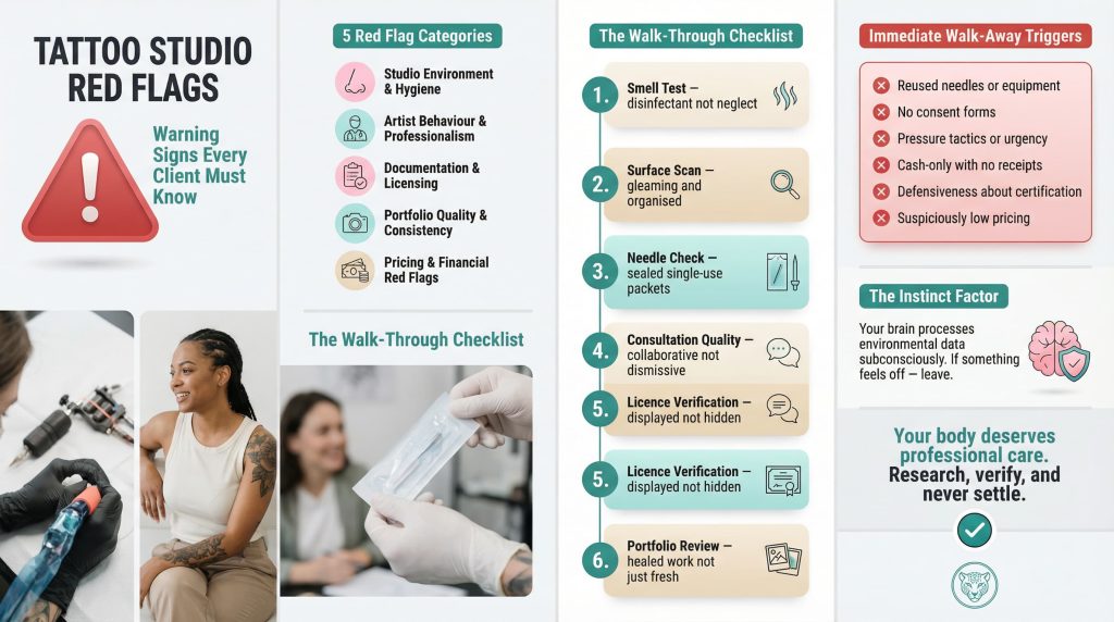Infographic showing tattoo studio red flags checklist including hygiene warning signs artist behaviour and documentation requirements