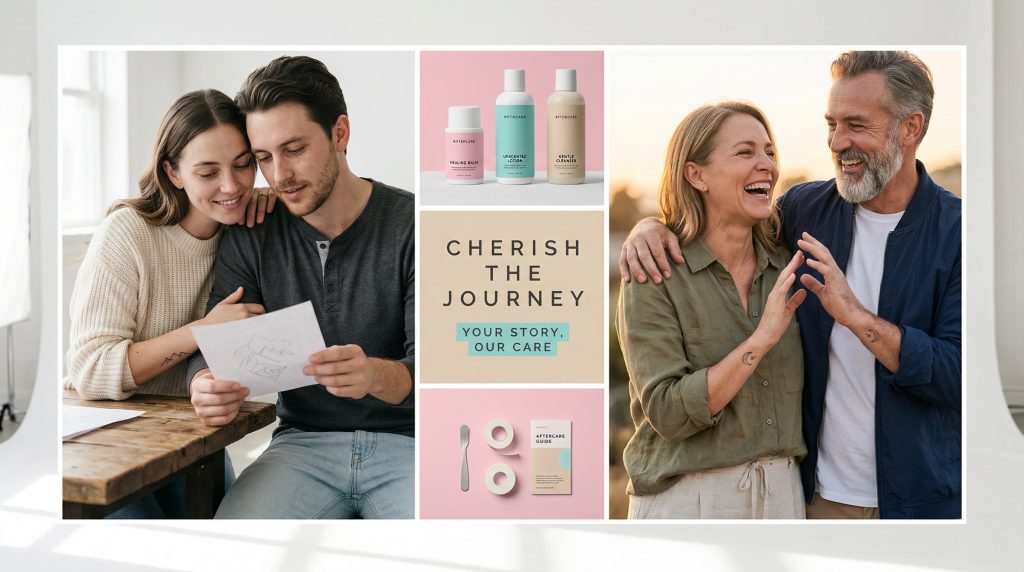 Couple thoughtfully reviewing matching tattoo design together — weighing the decision to get a relationship tattoo