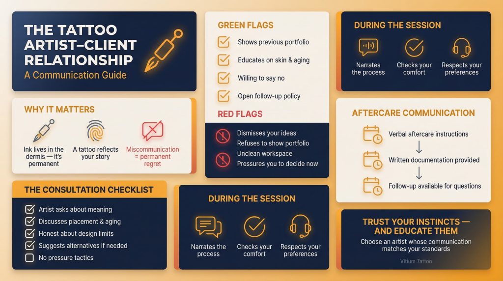 Tattoo artist client communication guide infographic covering consultation, red flags, and aftercare steps