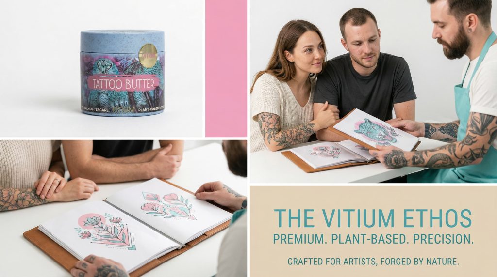 Couple consulting tattoo artist about matching couple tattoo designs while reviewing portfolio