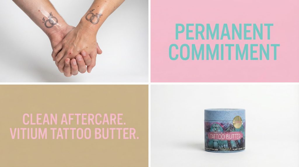 Couple holding hands displaying matching wrist tattoos — a symbol of permanent romantic commitment