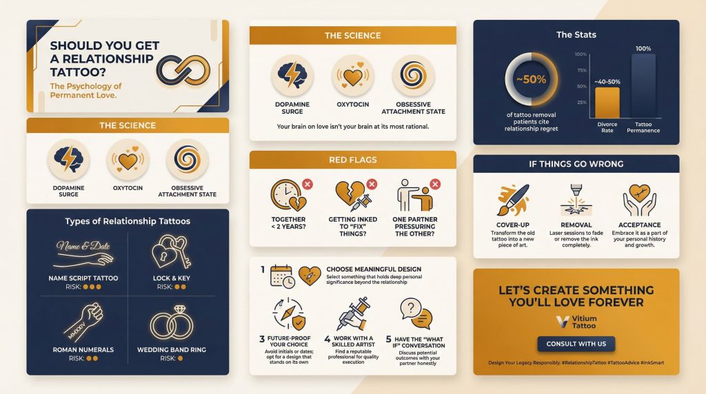 Relationship tattoo decision guide infographic — types, red flags, waiting period and cover-up options