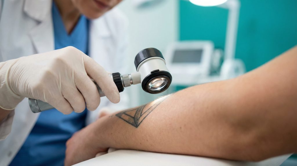 Dermatologist examining tattooed skin with dermatoscope for skin condition assessment before tattoo session