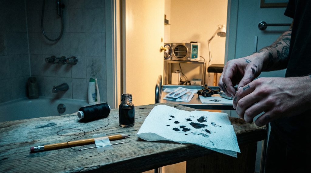DIY tattoo kit on bathroom counter contrasted with professional tattoo studio setup