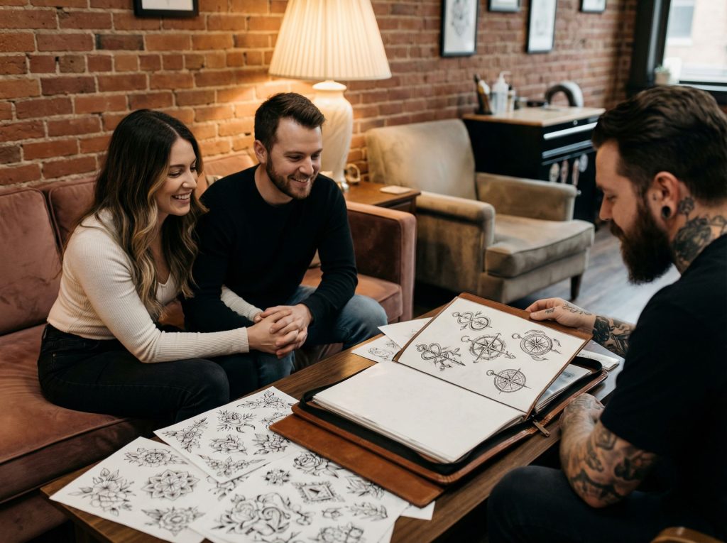 Couple consulting with tattoo artist about matching design options while reviewing portfolio of relationship tattoo ideas