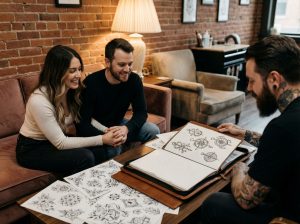 Couple consulting with tattoo artist about matching design options while reviewing portfolio of relationship tattoo ideas