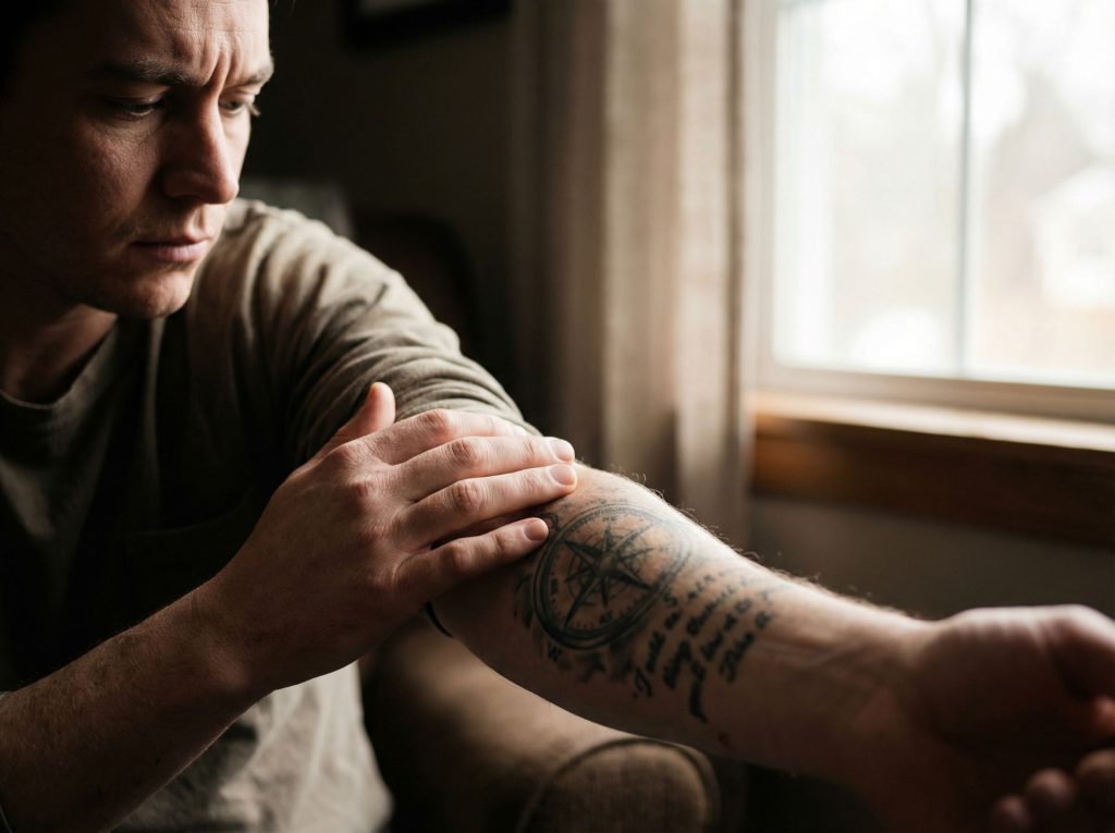 erson examining arm tattoo contemplating tattoo regret - science behind changing feelings about ink