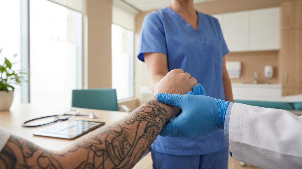Medical professional examining tattooed forearm during health consultation about safe tattooing with medical conditions