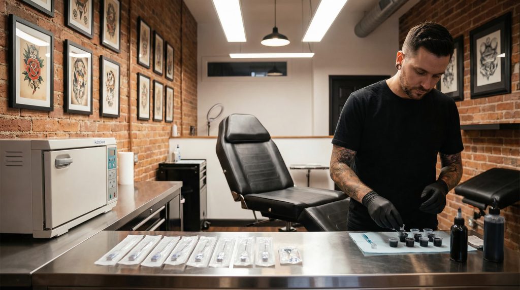 Clean modern professional tattoo studio with sterile equipment and licensed artist preparing for a session