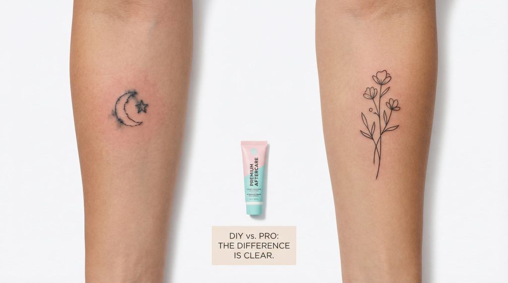 Comparison of amateur DIY stick-and-poke tattoo with uneven lines versus clean professional tattoo work