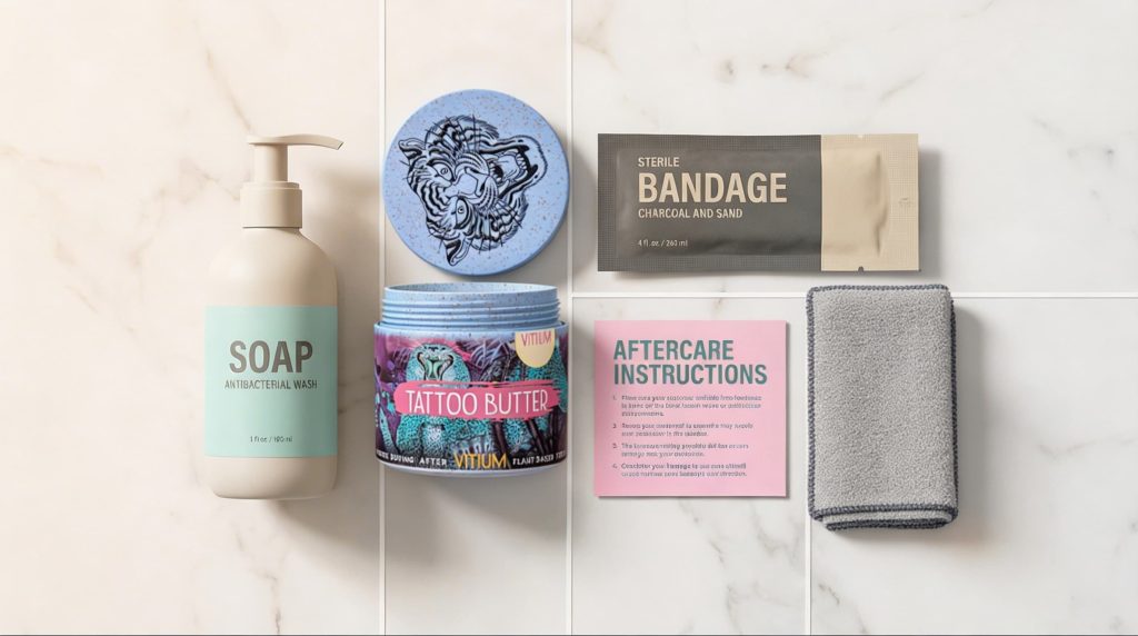 Tattoo aftercare essentials including antibacterial soap tattoo butter and medical supplies for safe healing