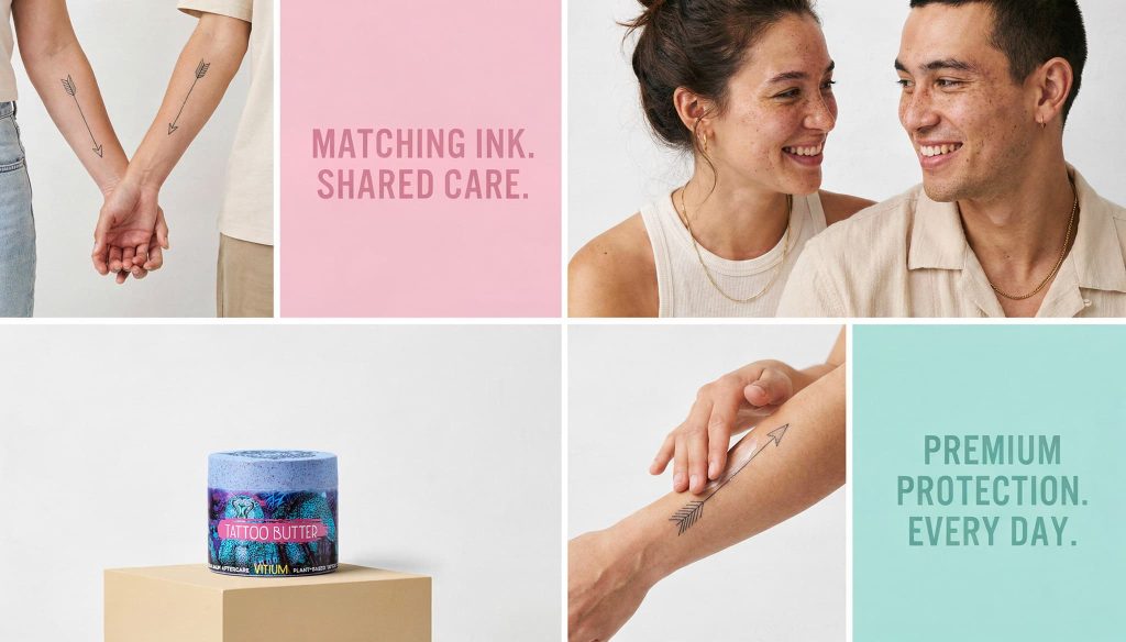 Couple gently touching forearms to display matching tattoos in intimate setting