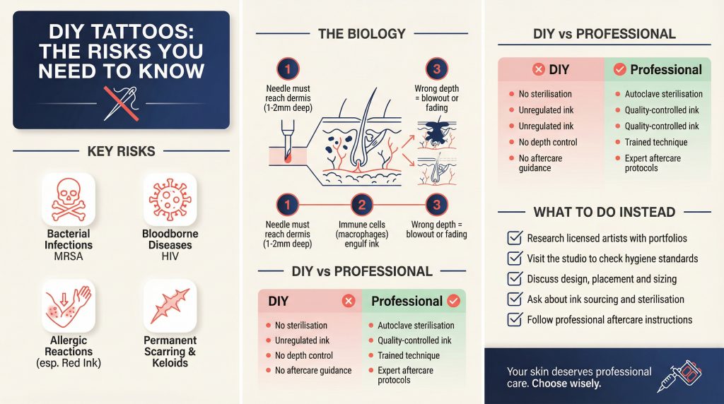 Infographic showing DIY tattoo risks including infections, scarring, and why professional tattooing is safer