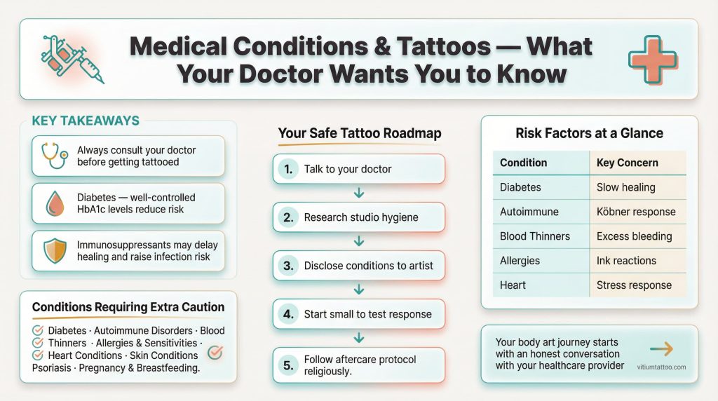 Infographic showing medical conditions to consider before getting a tattoo including diabetes autoimmune and skin concerns