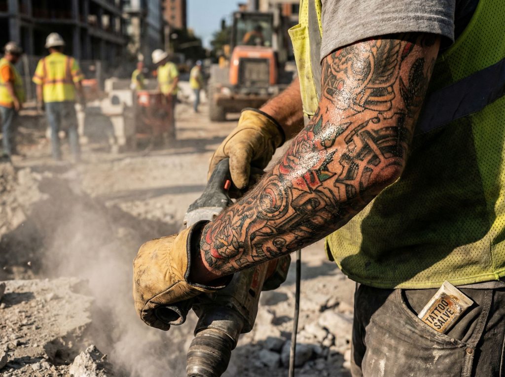 Construction worker with full sleeve tattoo working on job site, demonstrating tattoo care challenges in physical labor professions