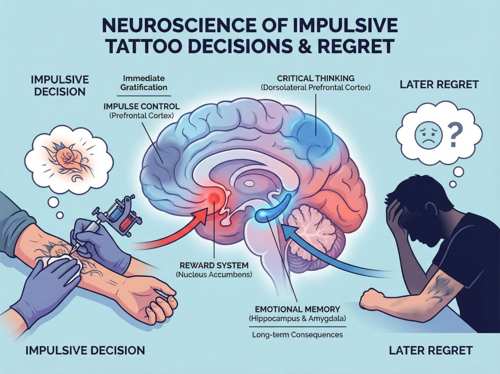 Brain neuroscience illustration showing psychology behind impulsive tattoo decisions and regret
