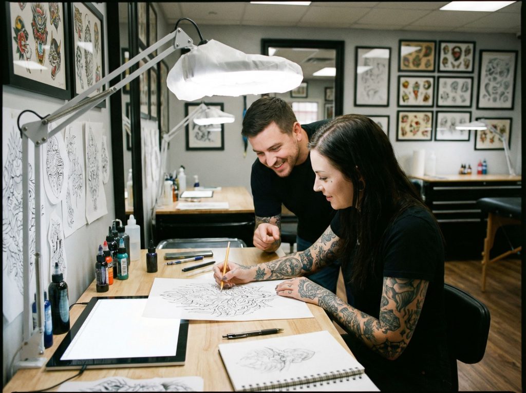 Tattoo artist sketching custom design while client watches, demonstrating collaborative creative process in professional tattoo studio
