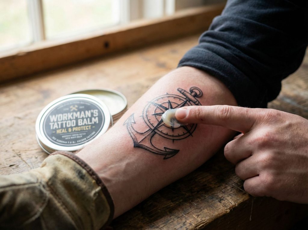 Close-up of person applying moisturizing aftercare balm to fresh tattoo, essential step for tattoo healing protection in demanding work environments