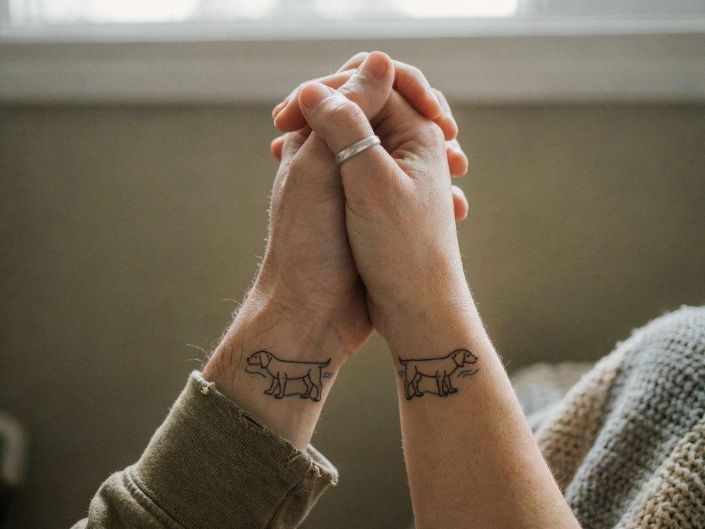 Couple holding hands showing matching relationship tattoos on their wrists symbolizing permanent romantic commitment