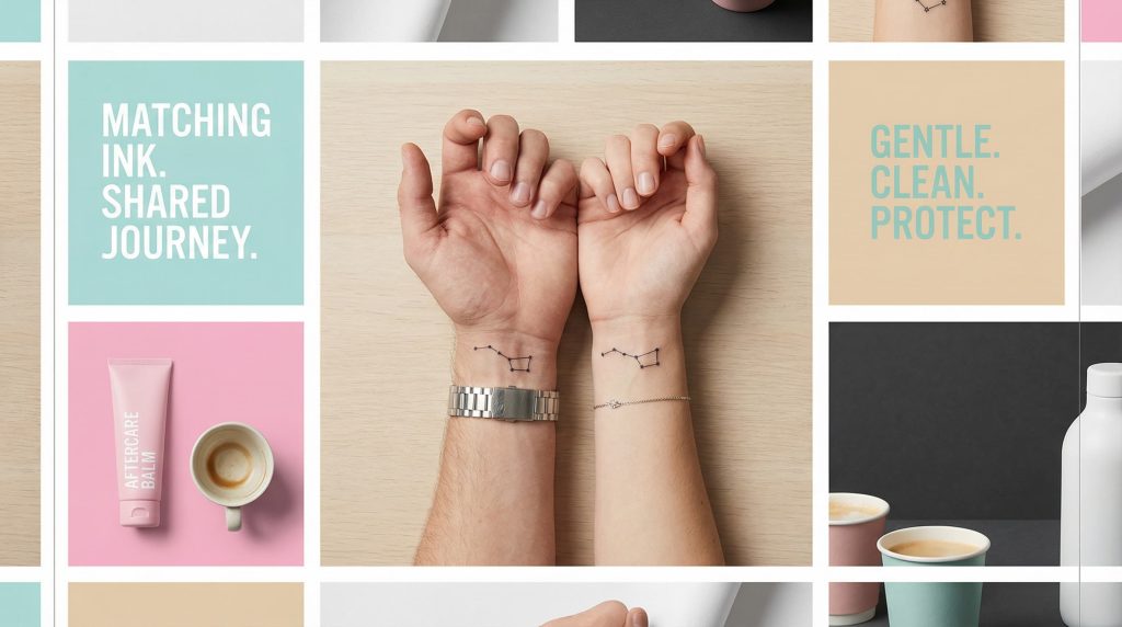 Matching constellation wrist tattoos on couple hands side by side