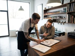Professional tattoo artist discussing design with client during consultation, pointing at reference images in a clean, well-lit studio