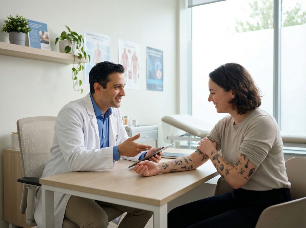 Doctor consulting with tattooed patient about medical conditions and tattoo safety before getting inked