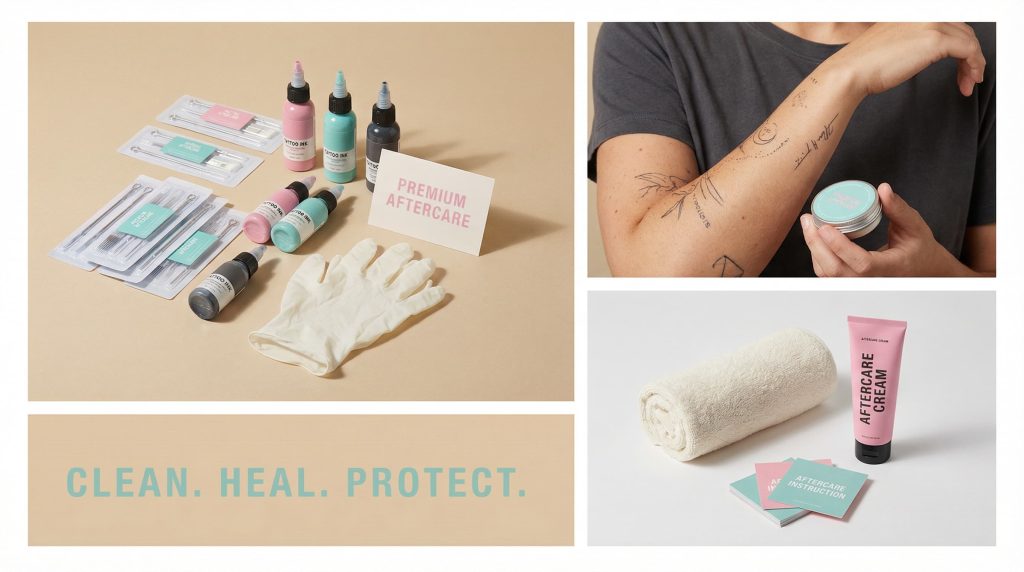 Sealed sterile tattoo needle packs and supplies used by professional artists